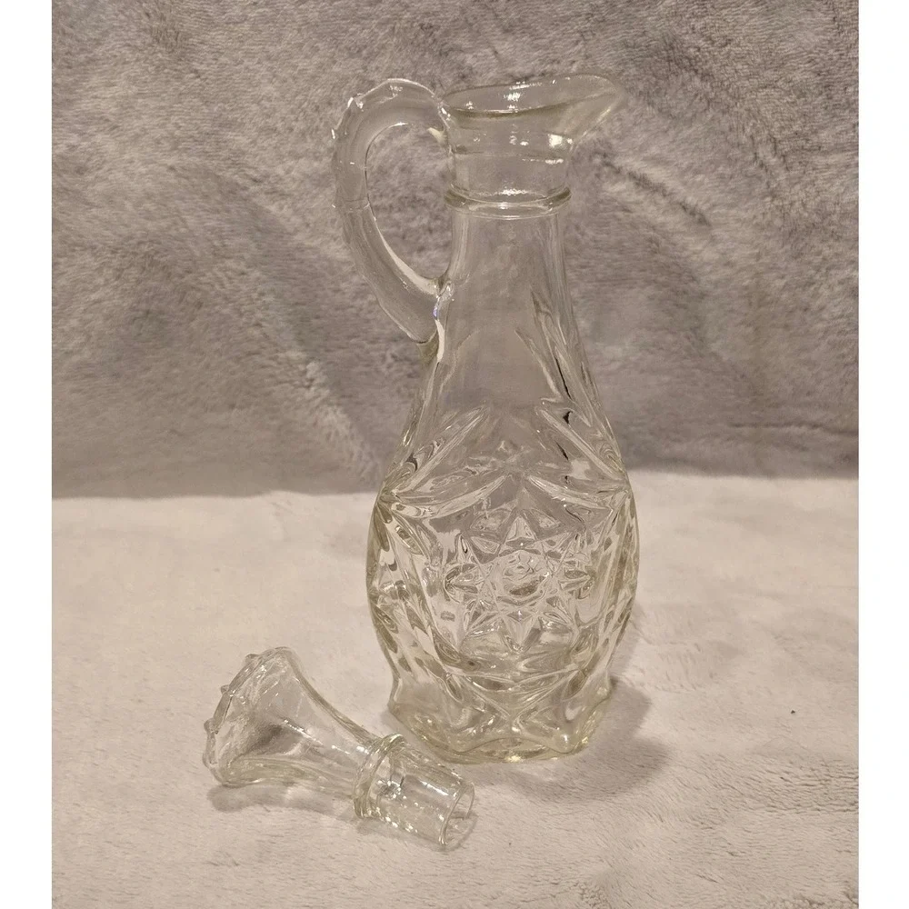 Vintage Anchor Hocking Star of David Clear Pressed Glass Cruet with Stopper 7.5